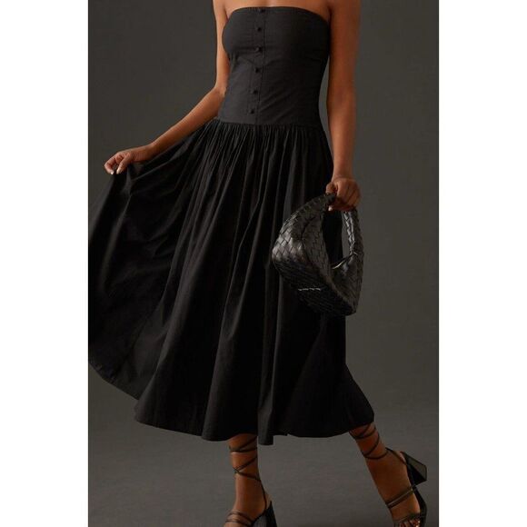 NEW ANTHROPOLOGIE LOVE THE LABEL CORSETED STRAPLESS MIDI DRESS BLACK - Picture 4 of 4